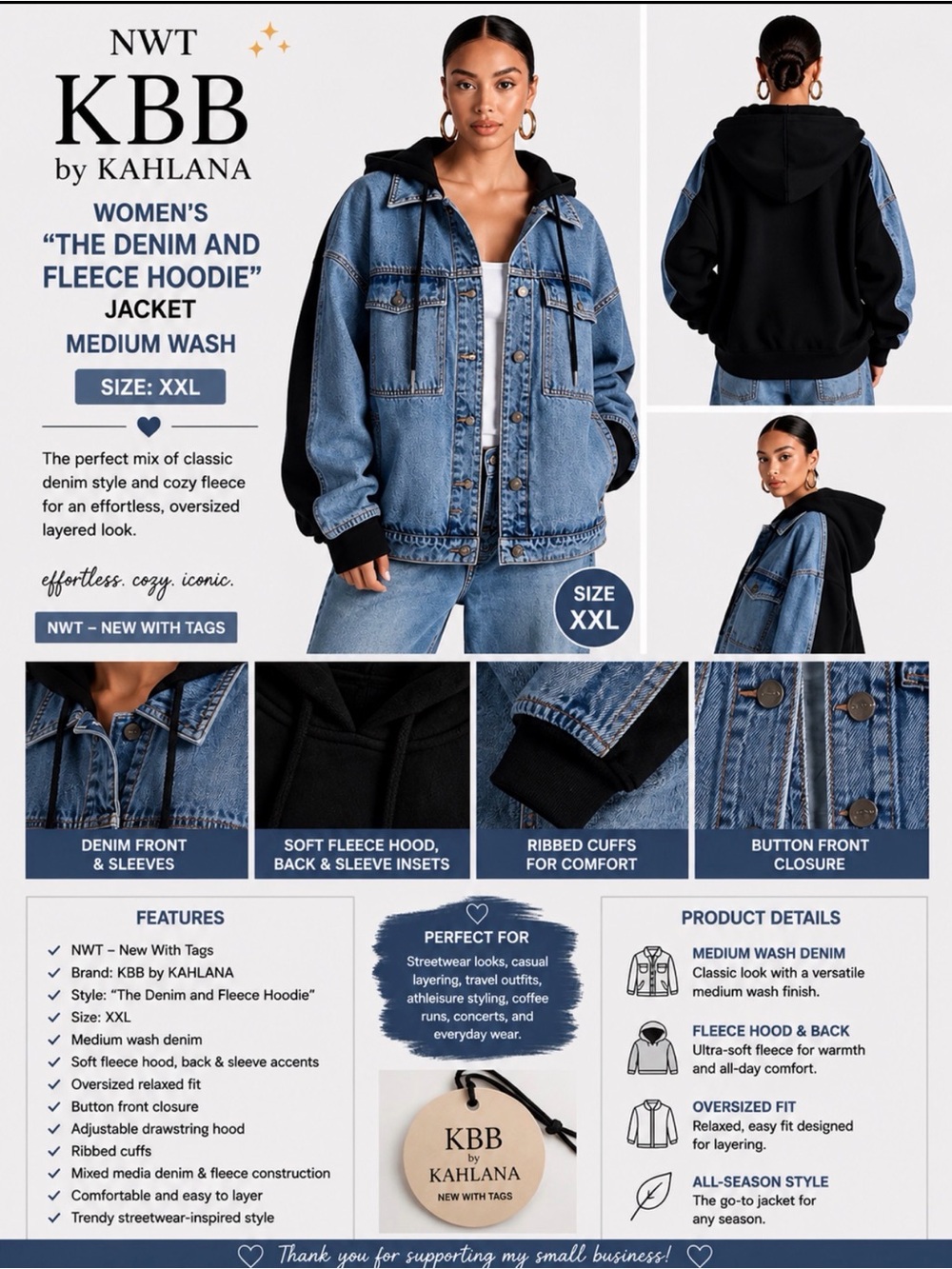NWT KBB by Kahlana Women’s Denim & Fleece Hoodie Jacket XXL